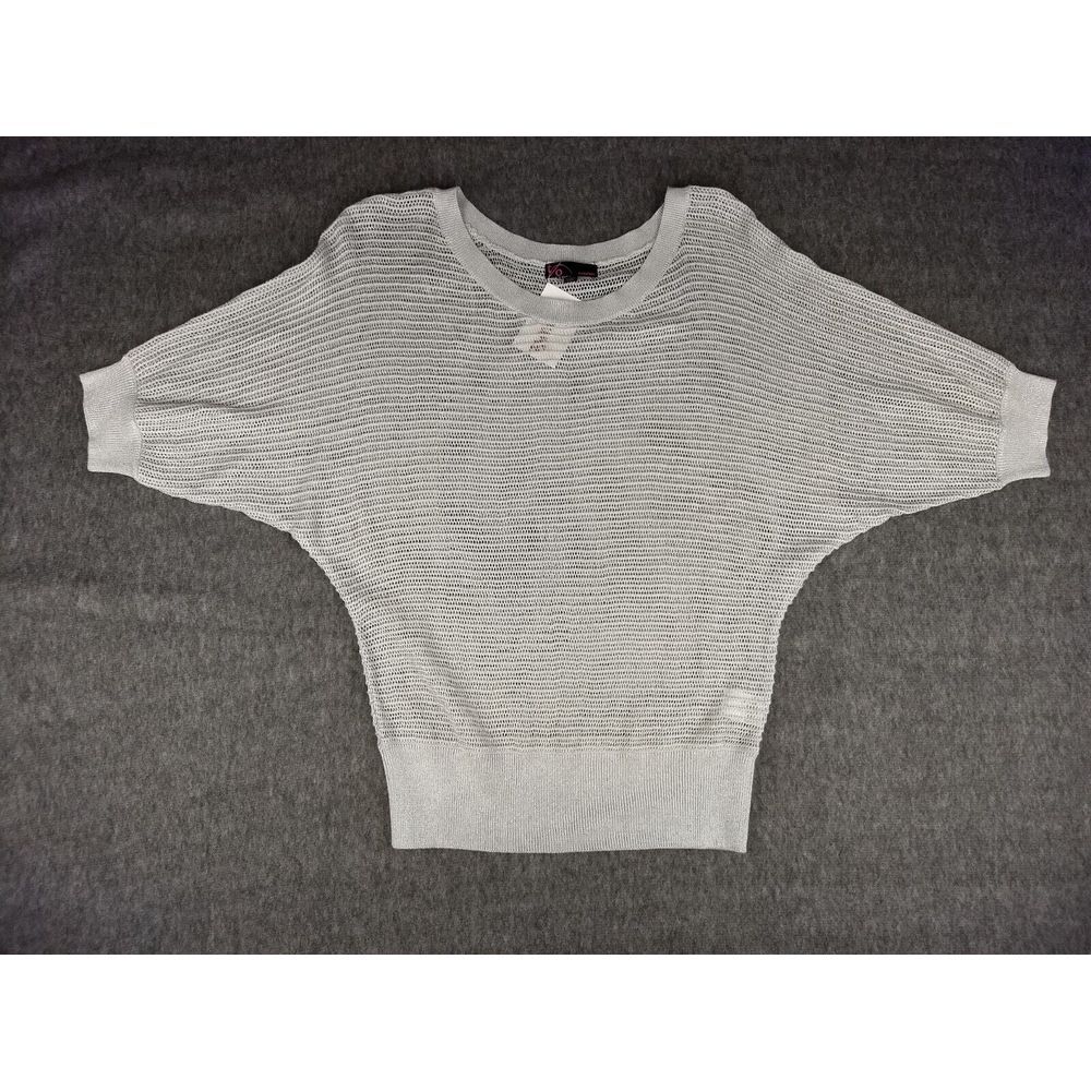 T/O Silver Metallic Sweater Pullover Open Knit Dolman Sleeve Ribbed Hem Cuff NWT